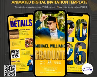Convite digital amarelo para formatura, convite animado para a turma de 2026, convite digital para festa de formatura, modelo editável, convite animado para formatura