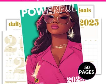May include: A printable planner bundle for 2025 with a colorful cover featuring a woman with sunglasses and a pink shirt. The cover text says "POWERFUL" and the planner includes 50 pages.