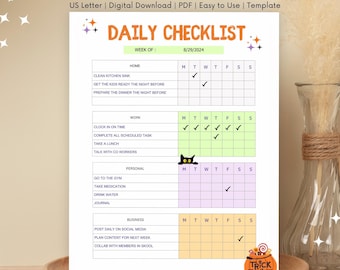 May include: Printable daily checklist with a Halloween theme. The checklist is divided into four sections: Home, Work, Personal, and Business. Each section has a list of tasks with checkboxes for each day of the week. The checklist is decorated with a black cat and a trick or treat bucket.
