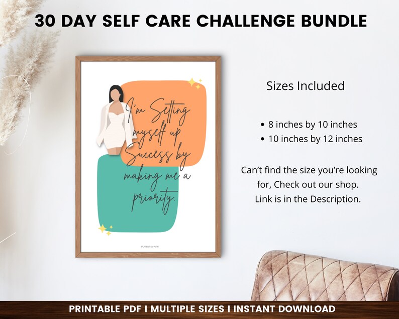 Puede incluir: Descarga digital imprimible de una cita motivacional sobre el cuidado personal. La cita dice "Me estoy preparando para el &eacute;xito haciendo de m&iacute; una prioridad." La cita se muestra en un gr&aacute;fico colorido con una mujer con un vestido blanco y estrellas.