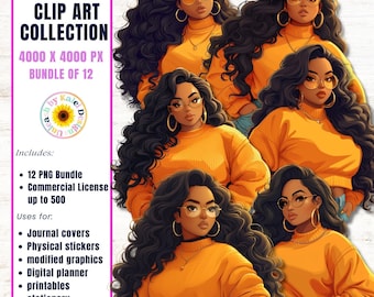 Clipart de niña negra, muñecas afroamericanas con suéter naranja, PNG de alta resolución, POD y uso comercial