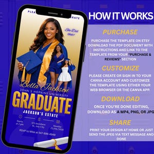 Pode incluir: Um smartphone exibe um modelo de an&uacute;ncio de formatura. O design apresenta uma foto de uma mulher com uma beca, o texto "GRADUATE" e detalhes do evento. Instru&ccedil;&otilde;es sobre como comprar, personalizar, baixar e compartilhar o modelo tamb&eacute;m est&atilde;o inclu&iacute;das.