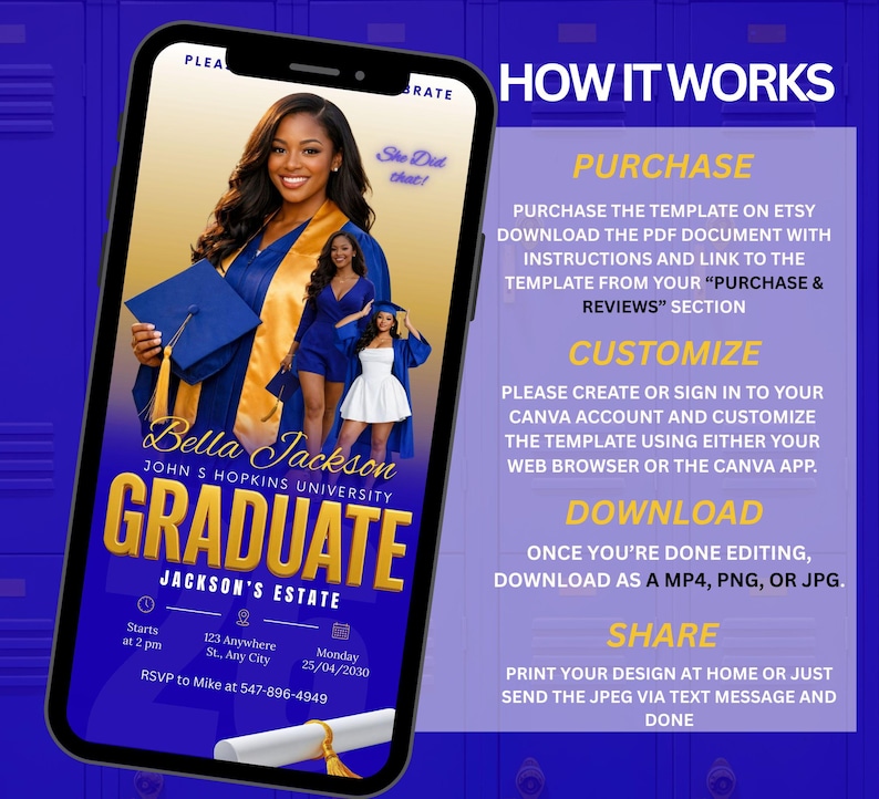 Pode incluir: Um smartphone exibe um modelo de an&uacute;ncio de formatura. O design apresenta uma foto de uma mulher com uma beca, o texto "GRADUATE" e detalhes do evento. Instru&ccedil;&otilde;es sobre como comprar, personalizar, baixar e compartilhar o modelo tamb&eacute;m est&atilde;o inclu&iacute;das.