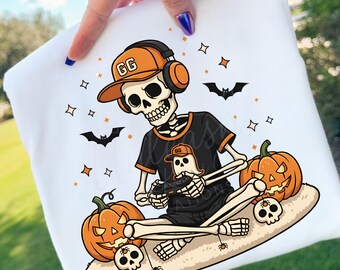Funny Halloween Gamer Skeleton PNG, Spooky Kids Design (Digital Download)
