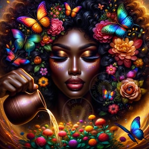 Linda mulher negra cósmica regando seu jardim, Mulher negra com melanina PNG, Garota afro-americana clipart PNG, Uso comercial