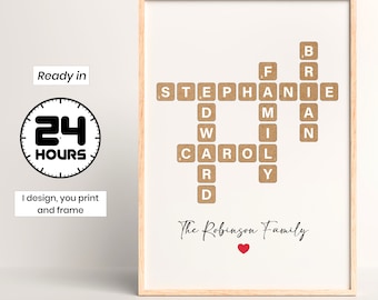 Personalized Scrabble Crossword Print, Custom letter tile prints, family name art, Birthday gift, Puzzle poster, Personal gift for him her