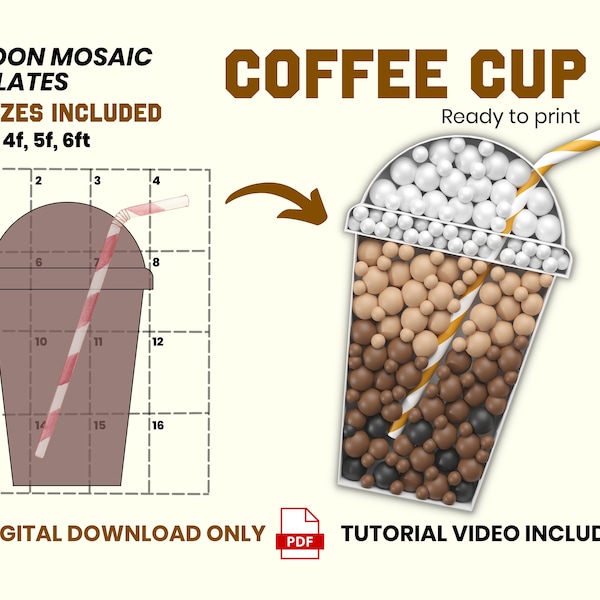 Coffee Cup Mosaic from Balloons, Cup Mosaic Template, Bubble Tea Mosaic Balloons, Birthday Decorations, Mosaic Template, 2ft-6ft PDF files