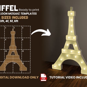 Plantilla de globo de mosaico de la Torre Eiffel 2 pies, 3 pies, 4 pies, 5 pies, 6 pies Mosaico de la Torre Eiffel de plantillas de globos con instrucciones/descarga instantánea