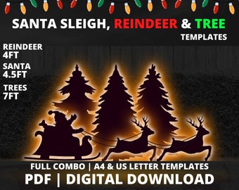 Santa Sleigh, Reindeer, Trees Silhouette Stencil Template 4ft, 4.5ft, 7ft Christmas Décor Digital Download, Printable cutout PDF