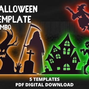 6ft Halloween Template Combo Haunted Graveyard & House, Grim Reaper, Witch, Silhouette Décor Printable Trace Cutout PDF For Outdoor Yard