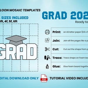 GRAD Mosaic Letters with Cap for GRAD, Mosaic from Balloons, Prom Template, Digital Download, Mosaic Bundle, MOSAIC Template, Pdf