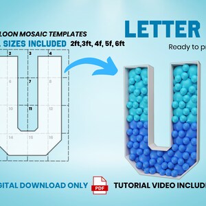 Letter U - All Sizes (From 2ft to 6ft)/Mosaic Letters from Balloons/PDF files + Instructions Step by Step on how to build/Instant download