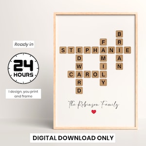 Personalized Scrabble Crossword Print, Custom letter tile prints, family name art, Birthday gift, Puzzle poster, Personal gift for him her