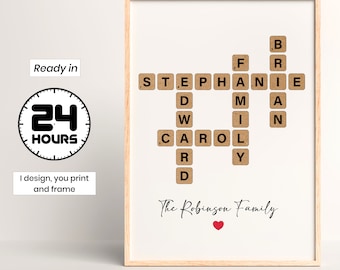 Personalized Scrabble Crossword Print, Custom letter tile prints, family name art, Birthday gift, Puzzle poster, Personal gift for him her