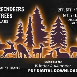 2ft 3ft 4ft 5ft 6ft 7ft 8ft Christmas Tree Reindeer Silhouette Stencil Template Christmas Décor Digital Download, Printable Trace Cutout PDF