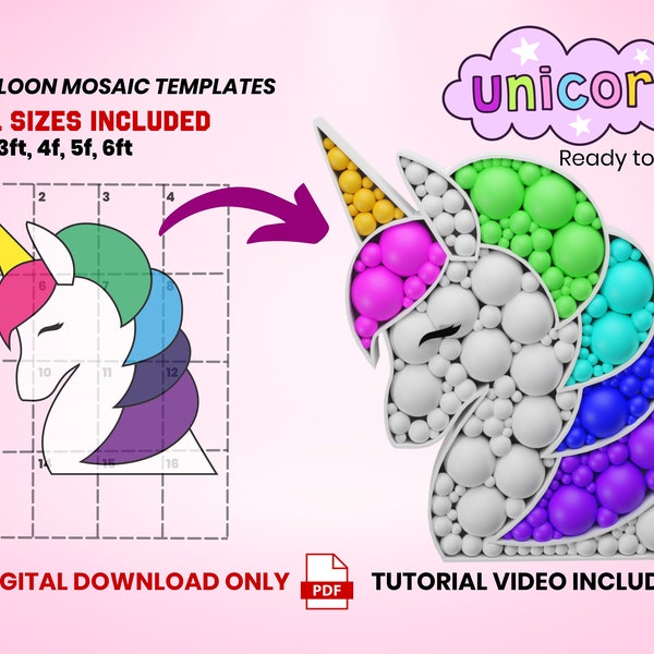 Unicorn from Balloons, Mosaic from Balloons, Birthday Decor, DIY Unicorn, Mosaic Template, Baby Shower, 2ft, 3ft, 4ft, 5ft, 6ft DIY Décor