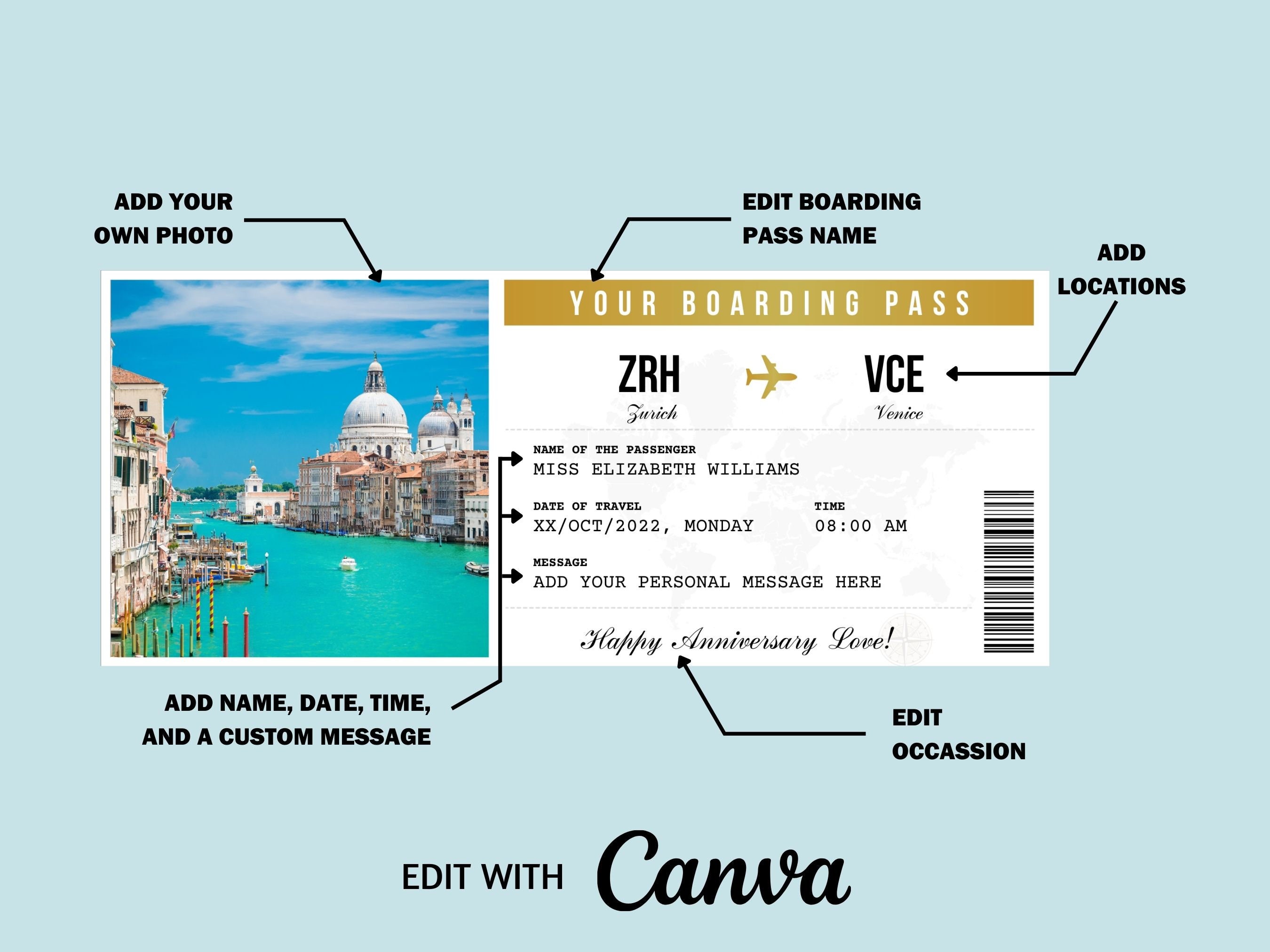 Editable Boarding Ticket Template Printable Travel Pass - Etsy