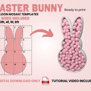Puede incluir: Plantillas imprimibles para crear un conejito de Pascua en mosaico de globos. Las plantillas incluyen cinco tamaños: 60 cm, 90 cm, 120 cm, 150 cm y 180 cm. La imagen muestra un contorno de conejito rosa en una cuadrícula y un conejito de mosaico de globos terminado.