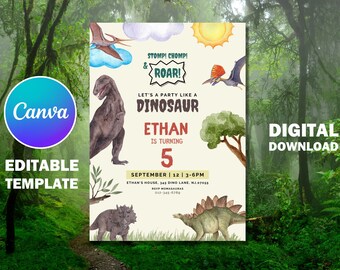 Editable Dinosaur Birthday Invitation For Boy Bday Party Digital Instant Invite Download Canva Editable Printable