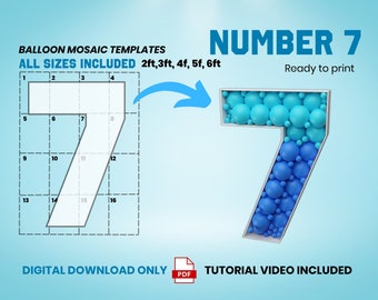 Number 7 BLOCK Font, Balloon Mosaic Template, Mosaic Number Template, Mosaic Numbers from Balloons, 2ft, 3ft, 4ft, 5ft, 6ft Digital Download
