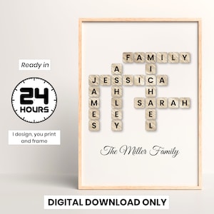 Personalized Scrabble Crossword Print, Custom letter tile prints, family name art, Birthday gift, Puzzle poster, Personal gift for him her