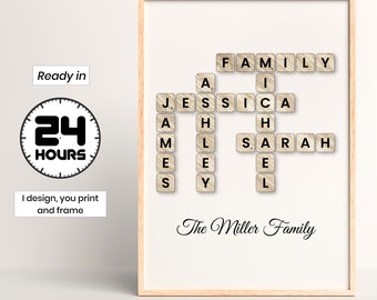 Personalized Scrabble Crossword Print, Custom letter tile prints, family name art, Birthday gift, Puzzle poster, Personal gift for him her