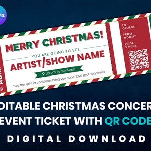 Weihnachtskonzertticket Geschenk Überraschung zum Ausdrucken mit QR-Code, Überraschungskonzertshow, Geschenkgutschein zum Ausdrucken, bearbeitbare Canva-Vorlage