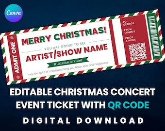 Christmas Concert Ticket Gift Surprise Printable with QR code, Surprise Concert Show, Gift Certificate Printable, Editable Canva Template