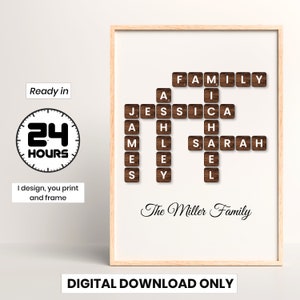 Personalized Scrabble Crossword Print, Custom letter tile prints, family name art, Birthday gift, Puzzle poster, Personal gift for him her