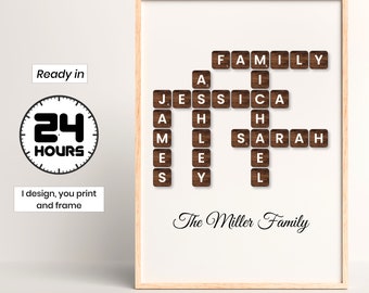 Personalized Scrabble Crossword Print, Custom letter tile prints, family name art, Birthday gift, Puzzle poster, Personal gift for him her