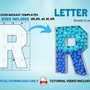 Letter R - All Sizes (From 2ft to 6ft)/Mosaic Letters from Balloons/PDF files + Instructions Step by Step on how to build/Instant download