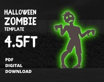 Puede incluir: Una plantilla de descarga digital para una silueta de zombie de Halloween de 1,37 metros de altura. La silueta es verde y negra y está en posición de pie con los brazos extendidos.