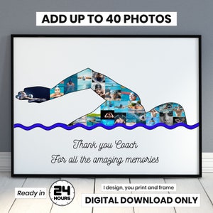 Swimming custom photo collage, Swim coach gift, Personalized gift for swimmer, Printable gift for swimmer friend Digital Download 24 Hours