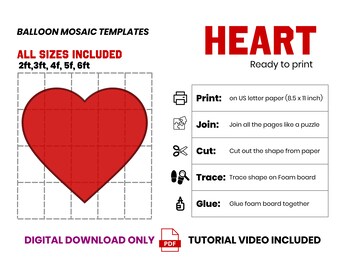 Heart Mosaic Template, Heart from Balloons, Valentine's Heart Mosaic from Balloons, Mosaic Heart Template, 2ft. 3ft. 4ft. 5ft, 6ft PDFs