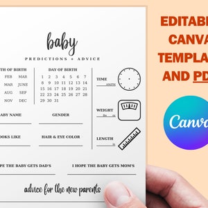 Babyvoorspellingen en advieskaart babyshowerspellen afdrukbare digitale download pdf canva-sjabloon, voor jongen, meisje, genderneutraal