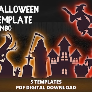 6ft Halloween Template Combo Haunted Graveyard & House, Grim Reaper, Witch, Silhouette Décor Printable Trace Cutout PDF For Outdoor Yard