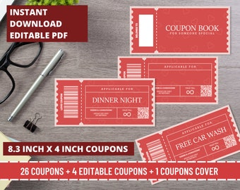 May include: A set of 26 printable coupons with a red background and white text. The coupons are 8.3 inches by 4 inches and feature a variety of offers, including dinner night, free car wash, and more. The coupons are designed for a coupon book and include a cover page that says "Coupon Book for Someone Special".