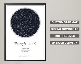 Carte numérique des étoiles personnalisée, cadeau d’anniversaire de date spéciale, affiche imprimée du ciel nocturne, cadeau de mariage, Constellation imprimable, fichier numérique