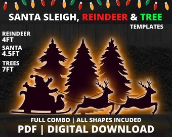 Santa Sleigh, Reindeer, Trees Silhouette Stencil Template 4ft, 4.5ft, 7ft Christmas Décor Digital Download, Printable cutout PDF