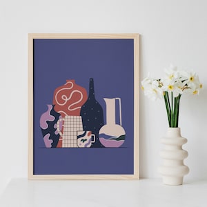 Impresión de jarrones / Impresión de naturaleza muerta, Impresiones coloridas, Póster de jarrones, Hogar ecléctico, Dibujo de jarrones, Decoración de pared azul, A5, A4, A3