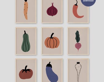Plantaardige kunstprintset: 9 minimalistische keukenillustraties (digitale download)