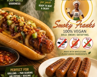 May include: A hot dog in a bun topped with diced vegetables and sauce, alongside four grilled vegan sausages on a plate. Text includes 100% Plant-Based Goodness, 4 Links Per Pack, Smoky Franks, 100% Vegan, Bold. Smoky. Satisfying., Dairy Free, Egg Free, Soy Free, and No Cholesterol.