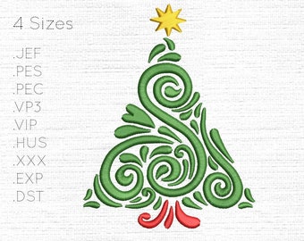 x 4 Sizes - Christmas Tree  - Digital Embroidery Machine Design / Pattern - Instant Download Green / Red / Gold Swirls