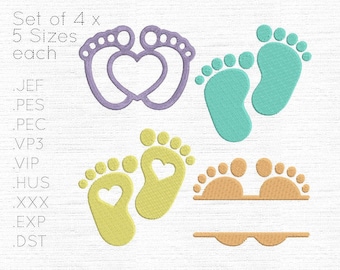 Set von 4 x 5 Größen - Baby Füße im Herzen / Jungen oder Mädchen Fußabdrücke - Digitale Stickmaschine Designs - Instant Download Files