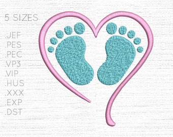 Pieds de bébé en coeur / empreintes de pas pour garçons ou filles - motifs de broderie numérique à la machine / motifs - fichiers à téléchargement immédiat X 5 tailles