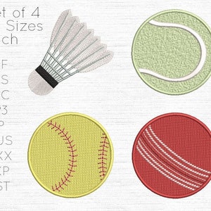 Puede incluir: Conjunto de 4 diseños de bordado para pelotas de deporte, incluyendo un volante de bádminton, una pelota de tenis, una pelota de béisbol y una pelota de cricket. Cada diseño viene en 6 tamaños. Los diseños están en los formatos .jef, .pes, .pec, .vp3, .vip, .hus, .xxx, .exp y .dst.