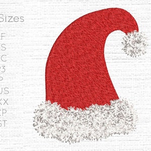 May include: Red and white Santa hat embroidery design. 5 Sizes: JEF, PES, PEC, VP3, VIP, HUS, XXX, EXP, DST.