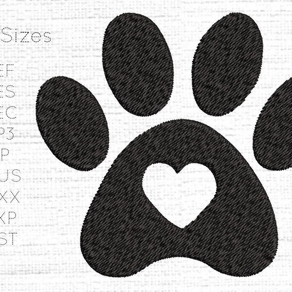 x6 Sizes - Pet Paw with Heart Embroidery Machine Design / Pattern - Digital Instant Download