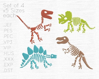 Set di 4 x 5 dimensioni ciascuna - Dinosaur Skeletons Design - Dino Bones / Fossili ricamo macchina disegni / modelli - Download istantaneo