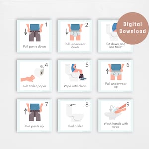Tarjetas didácticas imprimibles sobre rutina de baño y entrenamiento para ir al baño o ir al baño